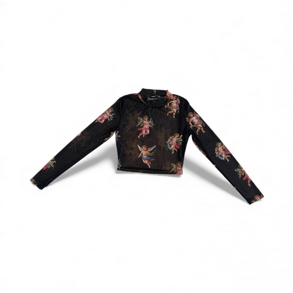 Black Mesh Cropped See Through Top with Little Angels Colorful Print S